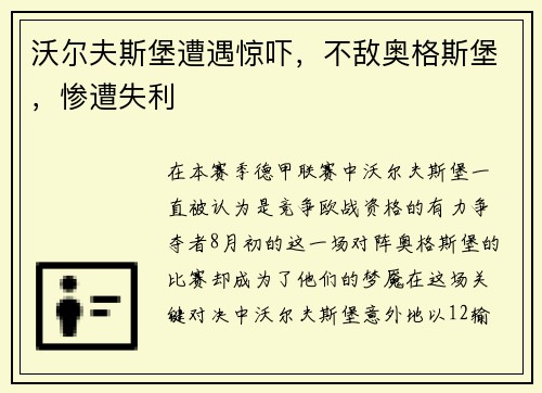 沃尔夫斯堡遭遇惊吓，不敌奥格斯堡，惨遭失利